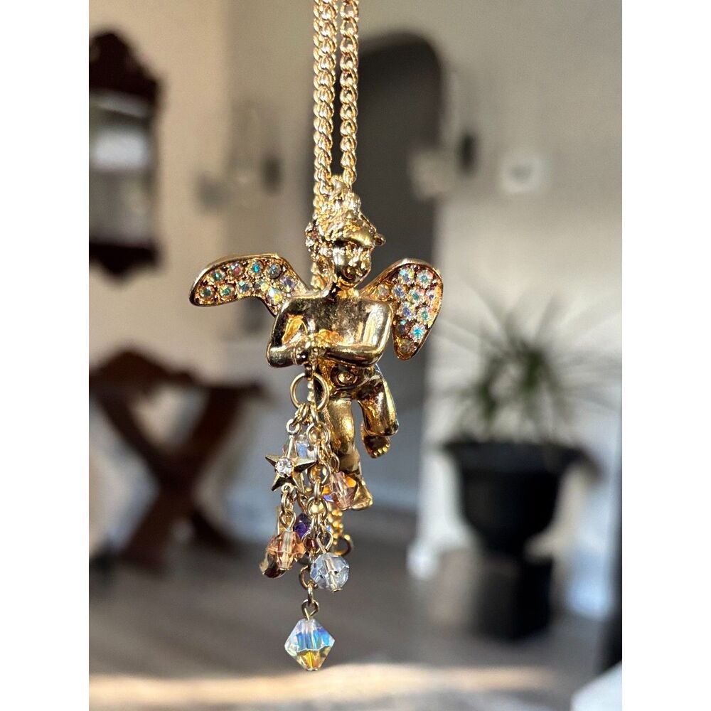 Vintage Kirks Folly Angel Cherub Crystal Bead Dangle Pendant Necklace